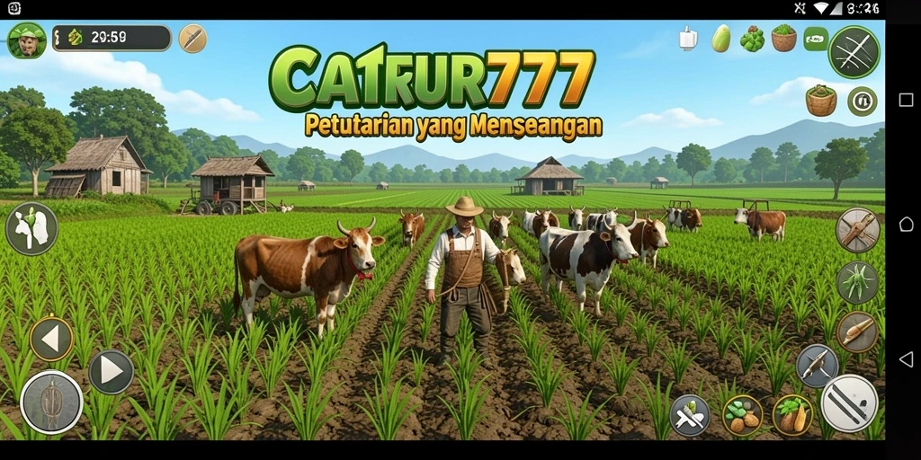 Tampilan gameplay <strong>CATUR777</strong> yang menampilkan ladang yang hijau dan hewan ternak.