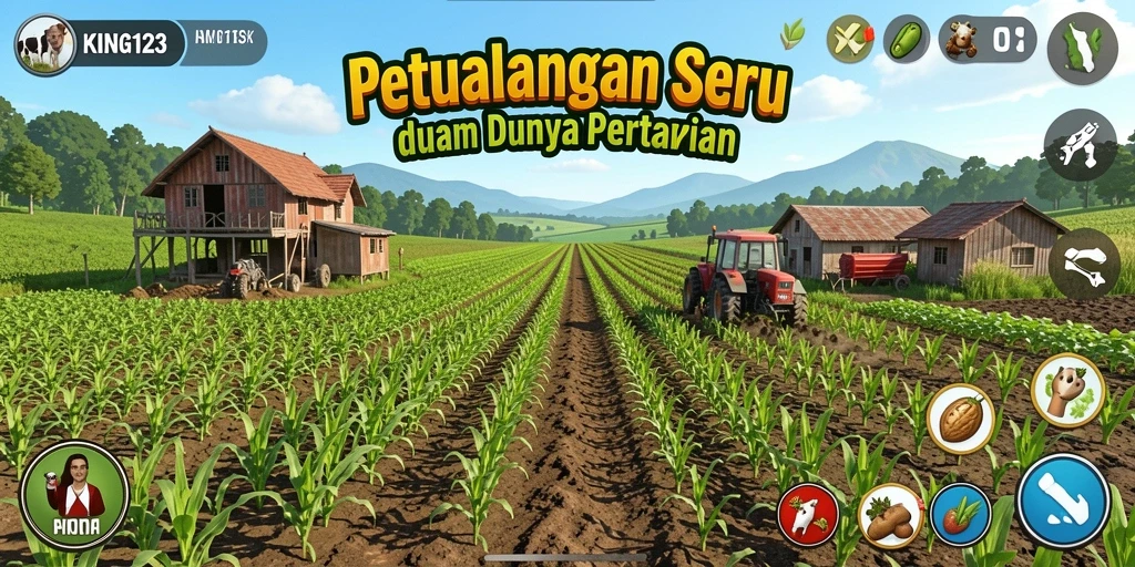 Screenshot gameplay KING123 menampilkan suasana pertanian yang cerah dan aktif.