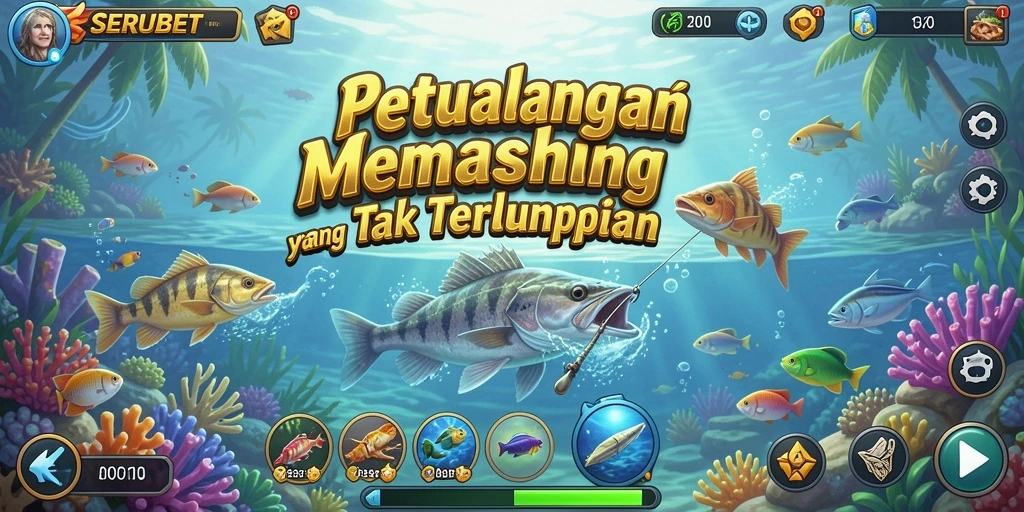 Gameplay SERUBET menampilkan aksi memancing yang seru dan mengasyikkan.